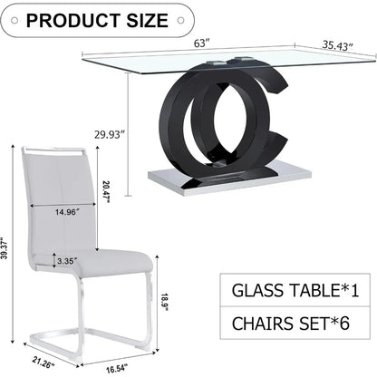 Glass Dining Table Set for 6 ,7 Piece Dining Table Set,Tempered Glass Table Top,PU Leather Ergonomic Dining Chairs Easy Assembly