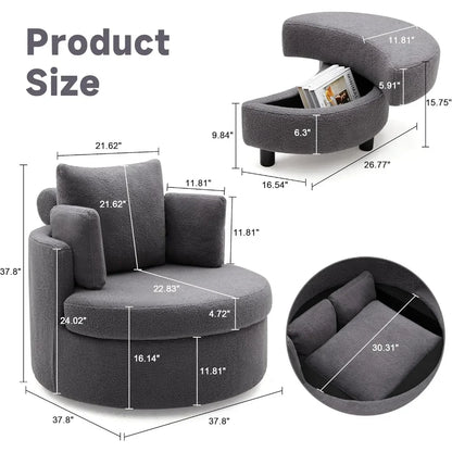 Round Oversized Swivel Barrel Chair with Base Storage for Living Room, 360°Modern Swivel Accent Chair with 3 Pillows for Home