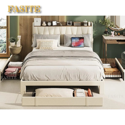 Queen Size Bed Frame with 3 Drawers, Upholstered Platform Beds with Storage Headboard and Charging Station