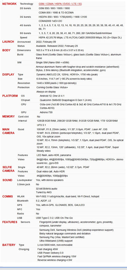 Samsung Galaxy S22 Ultra 5G S908U1 6.8" OLED 8/12GB RAM 128/256/512GB/1TB ROM Snapdragon NFC S22U eSIM Original  Phone