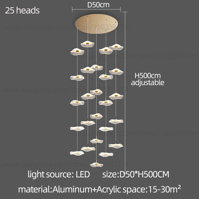 Led Staircase Pendant Lamp Modern Circular Lotus Leaf Living Room Chandelier Designer Villa Style Large Penthouse Chandelier