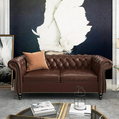 2-piece Living Room Set, Chesterfield Leather Double Sofa with Scroll Armrests and Nail Heads
