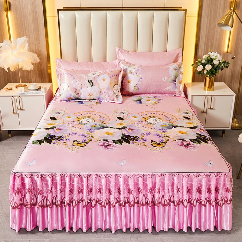 3pcs Set Luxury Classic Floral Bed Skirt with Pillowcase, Ice Silk Flower Print Bedding Set for Dorm, Bedroom, Guest Room Decor