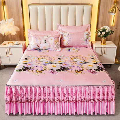 3pcs Set Luxury Classic Floral Bed Skirt with Pillowcase, Ice Silk Flower Print Bedding Set for Dorm, Bedroom, Guest Room Decor