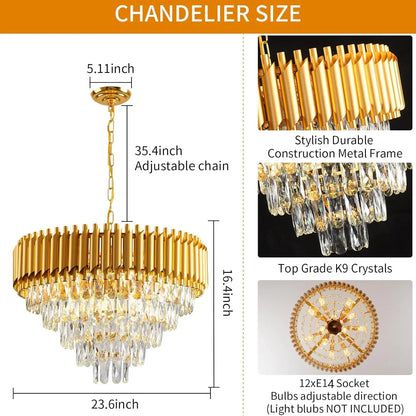 Gold Modern Crystal Chandeliers 5-Tier K9 Round Light Gold Crystal Chandeliers