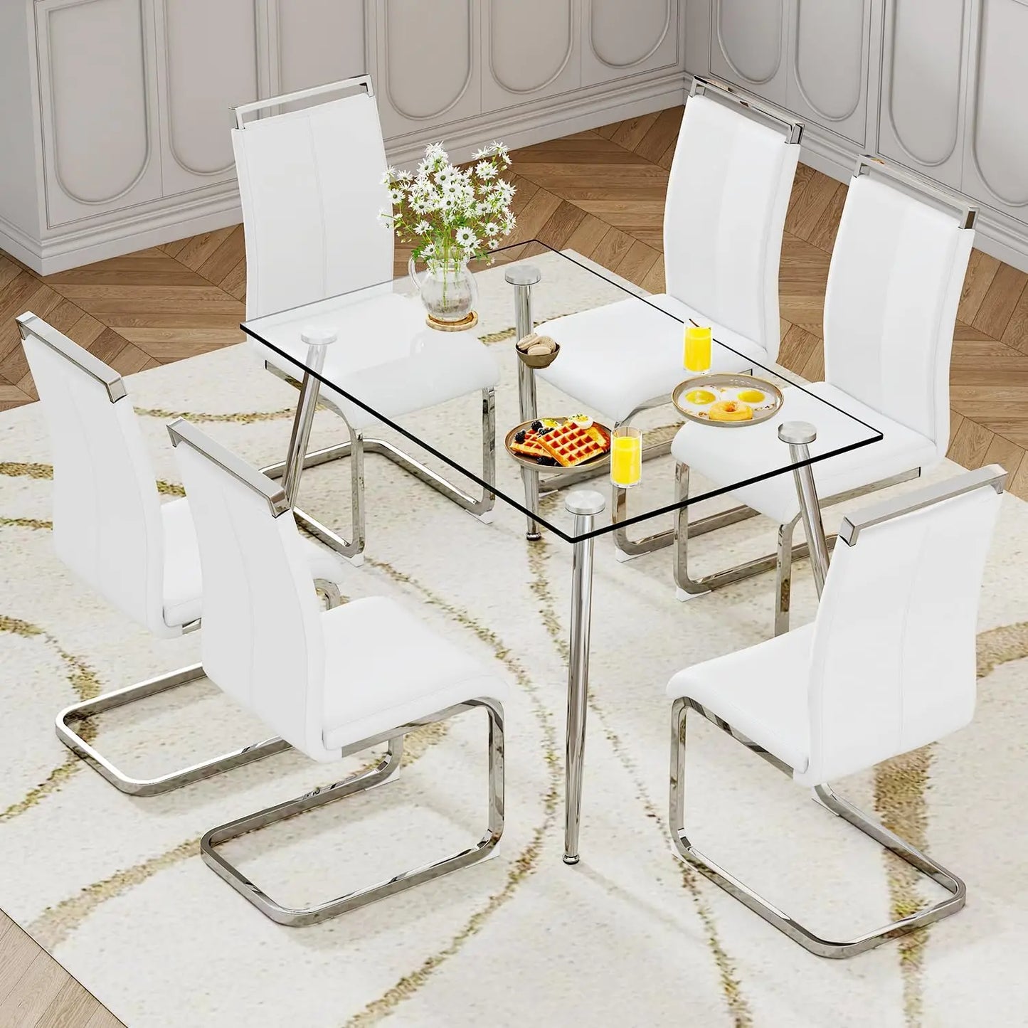 Glass Dining Table Set for 4,5 Piece Dining Table and Chairs Set，Modern Kitchen Dining Room Table with 4 Black PU Leather