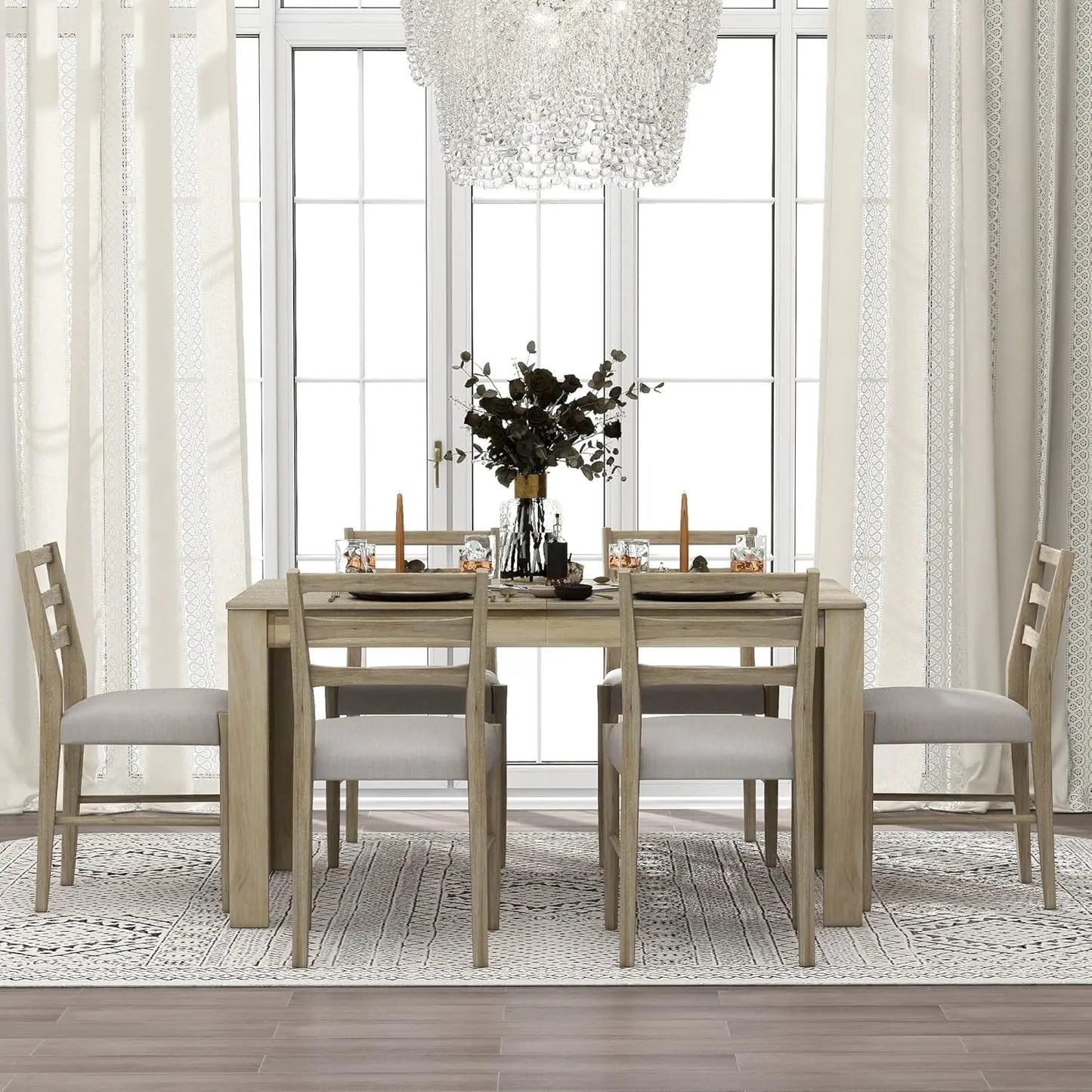 6 Pieces Dining Table Set with Bench, Rectangle Dining Table with 4 Upholstered Chairs & A Bench, Rubber Wood Dining Table Set