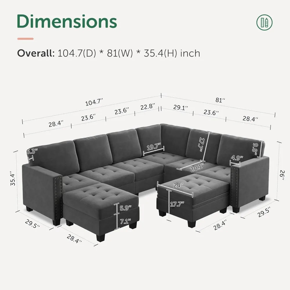 Velvet Modular Sectional Sofa, L Shaped Sofa Couch with Storage Top Tray Ottoman U Shape Sectional Couch for Living Room