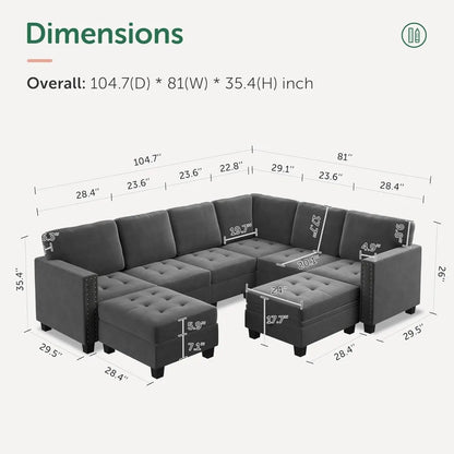 Velvet Modular Sectional Sofa, L Shaped Sofa Couch with Storage Top Tray Ottoman U Shape Sectional Couch for Living Room
