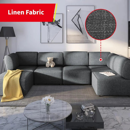 Modular Sectional Sofa with Chaise, Convertible Oversize L Shaped Couch with Reversible Ottoman,Linen 6 Seater Free Combination