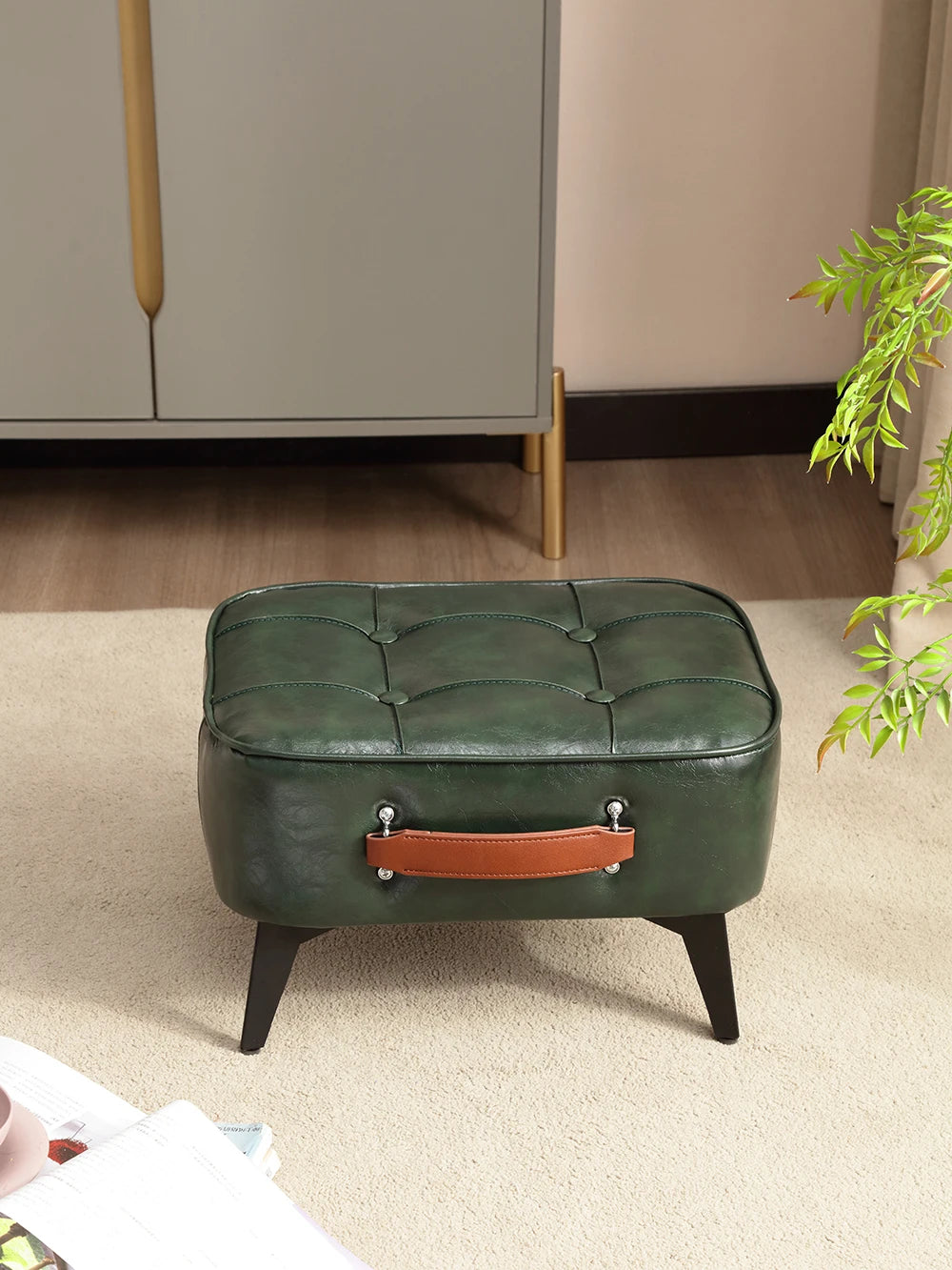 Small FootStool Ottoman with Stable Metal Legs Upholstered Footstool Padded Foot Rest PU Leather Rectangle Small Step Stool