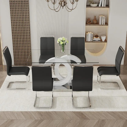 Glass Dining Table Set for 6 ,7 Piece Dining Table Set,Tempered Glass Table Top,PU Leather Ergonomic Dining Chairs Easy Assembly