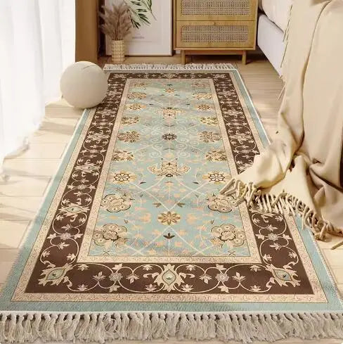 Morocco Bedroom Living Room Bedside Carpet Floor Mat Floral Kilim Cotton Linen Rectangular Rug Persian Tassel Carpet Tapis