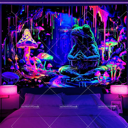 Blacklight Mushroom Tapestry UV Reactive Hippie Skull Tapestries Wall Hanging Eyes Forest Tapestry Glow In The Dark Posters