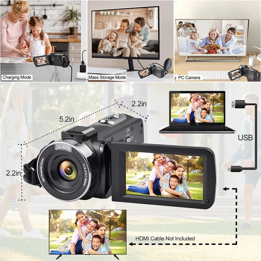 8K Digital Photography Camera 48MP Handheld DV 18X Igital Zoom Camera Recorder 3'' LCD Touch Screen Portable Recording Camcorder