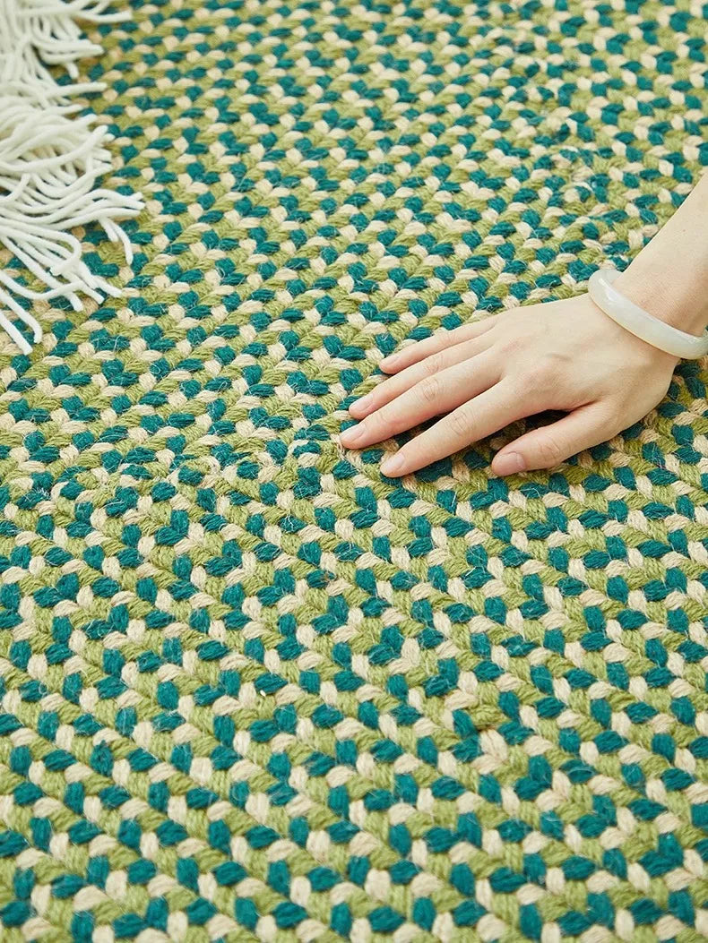 Green Hand Woven Cotton Carpet Living Room Light Luxury Modern Villa Area Rug Decor Home Study Non-slip Mat Bedroom Rug Large