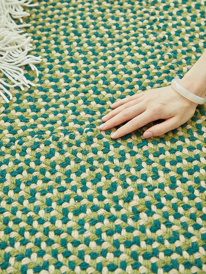 Green Hand Woven Cotton Carpet Living Room Light Luxury Modern Villa Area Rug Decor Home Study Non-slip Mat Bedroom Rug Large