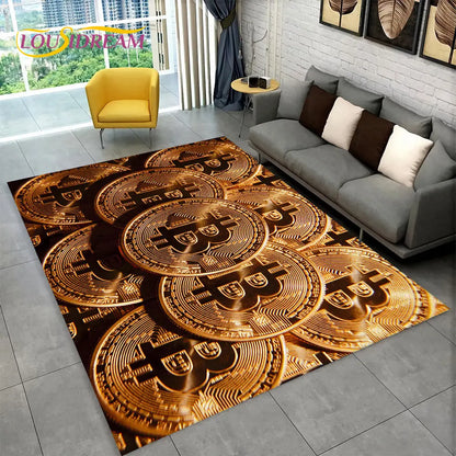 3D Bitcoin Virtual Currency Area Rug Large, Carpet Rug for Living Room Bedroom Sofa Playroom Doormat Decor, Kid Non-slip Floor Mat