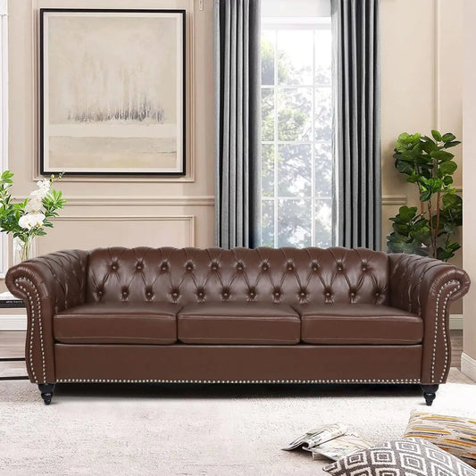 Chesterfield Sofa Classic Tufted Upholstered Leather Couch Modern 3 Seater Couch Furniture with Tufted Back for Living Room
