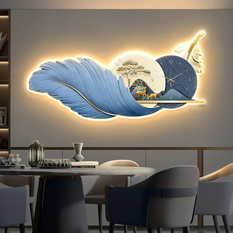 Modern Feather Wall Decor Deer Living Room Luxury Wall Accents Coffee Bar Art Home Mural Elegant Room Ornaments wall clock