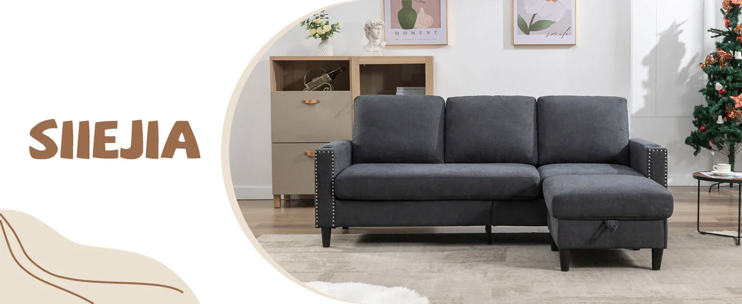 Convertible Sectional Couches for Living Room, L-Shaped Couch 3 Seats Sofas with Storage Chaise & 2 Cup Holders, Small Sofa
