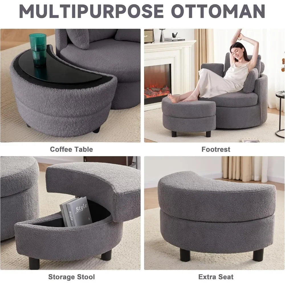 Round Oversized Swivel Barrel Chair with Base Storage for Living Room, 360°Modern Swivel Accent Chair with 3 Pillows for Home