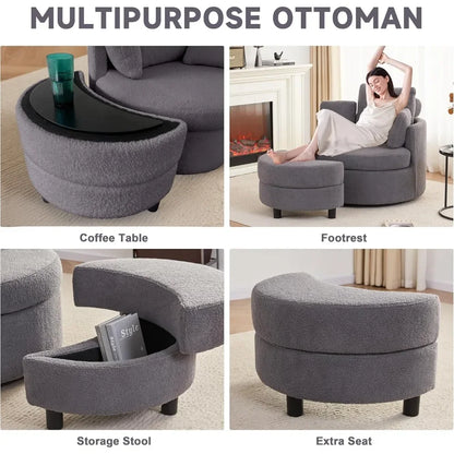 Round Oversized Swivel Barrel Chair with Base Storage for Living Room, 360°Modern Swivel Accent Chair with 3 Pillows for Home