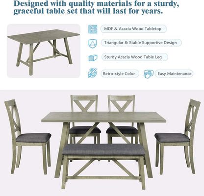 6 Pieces Dining Table Set with Bench, Rectangle Dining Table with 4 Upholstered Chairs & A Bench, Rubber Wood Dining Table Set
