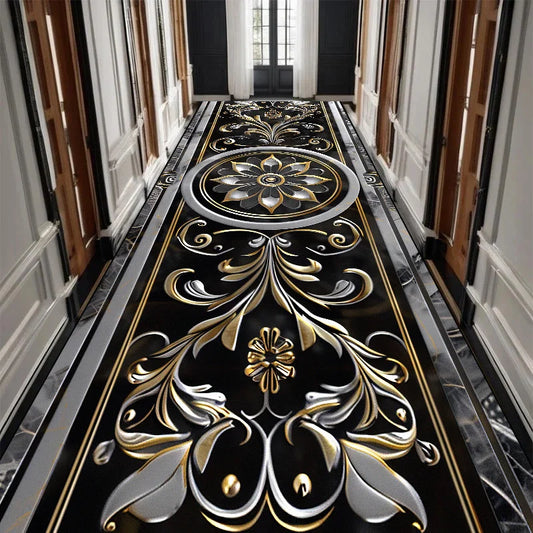 Luxury Black Golden Long Corridor Carpet Hall Runner Decor Non-slip Washable Stairway Rugs European Aisle Floor Mat Customizable