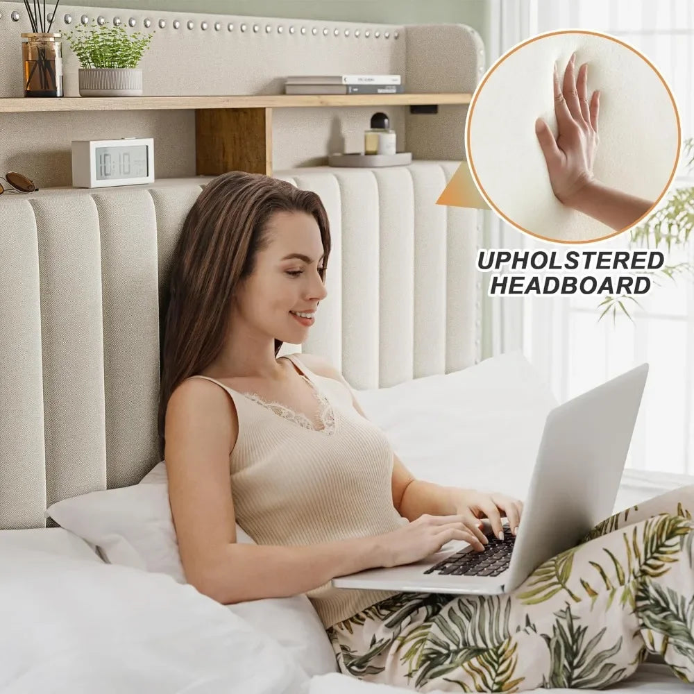 Queen Bed Frame with Headboard and Storage, Upholstered Queen Bed Frame with Storage, Queen Size Bed Frame with 2 Drawer