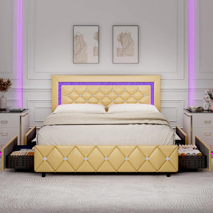 Queen Bed Frame with LED Lights, Upholstered Bed Frame with 4 Storage Drawers, Princess Platform Bed with Diamond Headboard