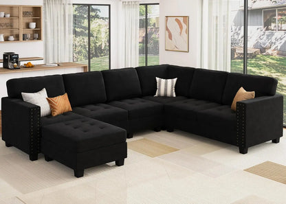 Velvet Modular Sectional Sofa, L Shaped Sofa Couch with Storage Top Tray Ottoman U Shape Sectional Couch for Living Room