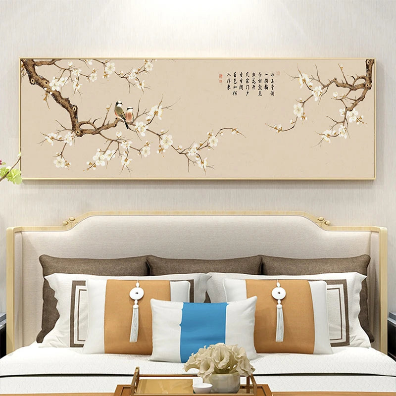 New Chinese Zen Flower and Bird Bedhead Painting Living Room Decoration Painting Sofa Background Wall Mural Painting Home Decor
