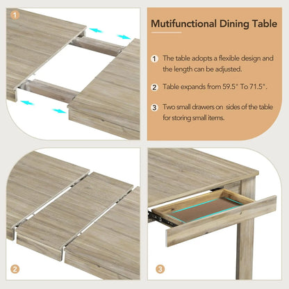 6 Pieces Dining Table Set with Bench, Rectangle Dining Table with 4 Upholstered Chairs & A Bench, Rubber Wood Dining Table Set