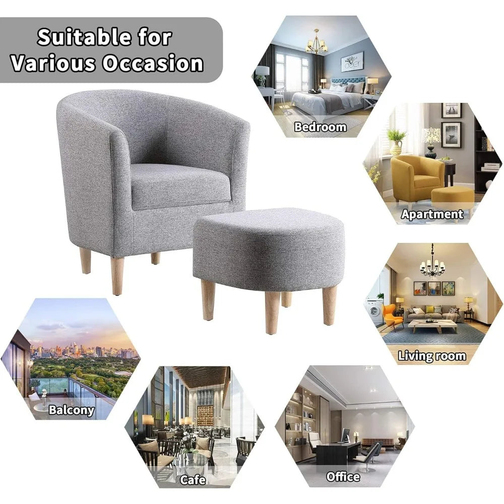 Mid Century Modern Barrel Comfy Fabric Armchair and Footrest Set, Upholstered Club Tub Round Arms Chair for Living Room Bedroom