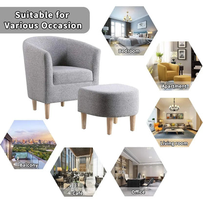 Mid Century Modern Barrel Comfy Fabric Armchair and Footrest Set, Upholstered Club Tub Round Arms Chair for Living Room Bedroom