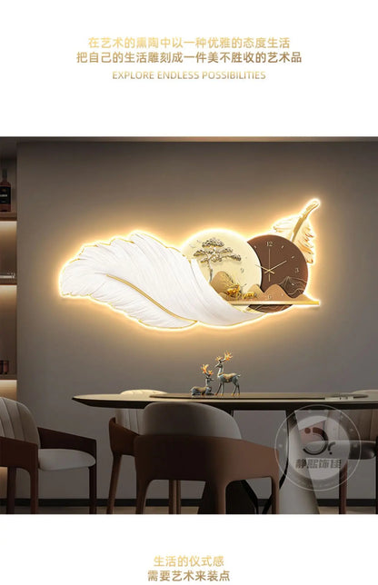 Modern Feather Wall Decor Deer Living Room Luxury Wall Accents Coffee Bar Art Home Mural Elegant Room Ornaments wall clock