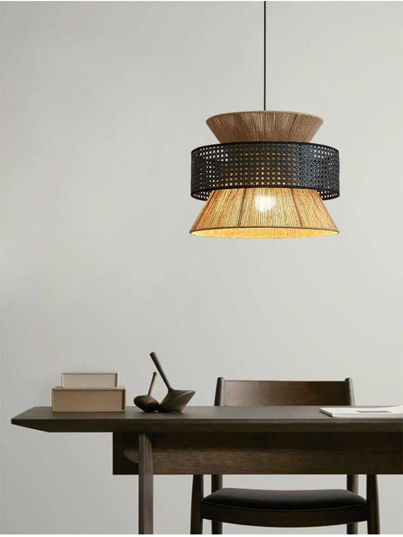 Vintage Wabi Sabi Chandelier Handmade Hemp Rope Pendant Light for Restaurant Bar Cafe Dining Room Led Rattan Lamp