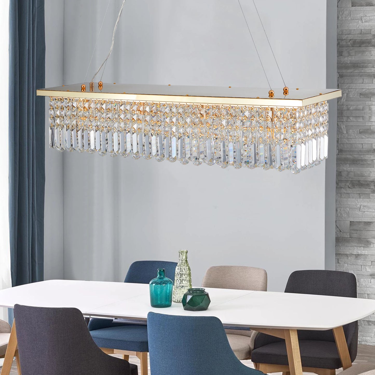 Modern Crystal Chandelier for Dining Room 8-Light  Rectangle Raindrop Chandelier Contemporary Rectangular Fixture Pendant Light