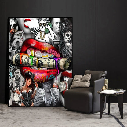 Luxury Dollar Sexy Lips Wall Art Poster Graffiti Abstract High End Mural Modern Home Room Decor Canvas Painting Picture Prints