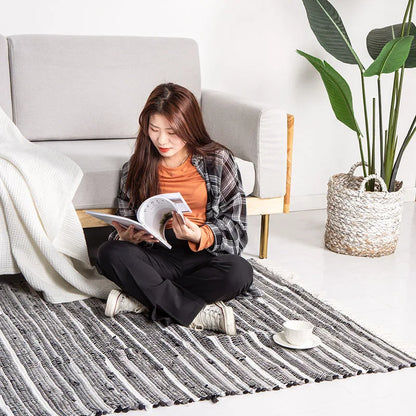 Cotton Tassel Carpet Rug Handmade Bedroom Rug Bedside Floor Mat Entrance Doormat Stripe Kitchen Mat Machine Washable Bath Rug