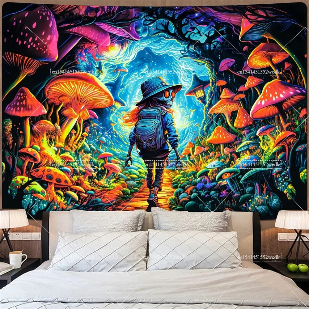 Blacklight Mushroom Tapestry UV Reactive Hippie Skull Tapestries Wall Hanging Eyes Forest Tapestry Glow In The Dark Posters