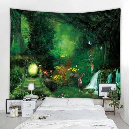 Green jungle tapestry beautiful natural forest large wall hanging hippie bohemian mandala wall art home decoration 8 sizes