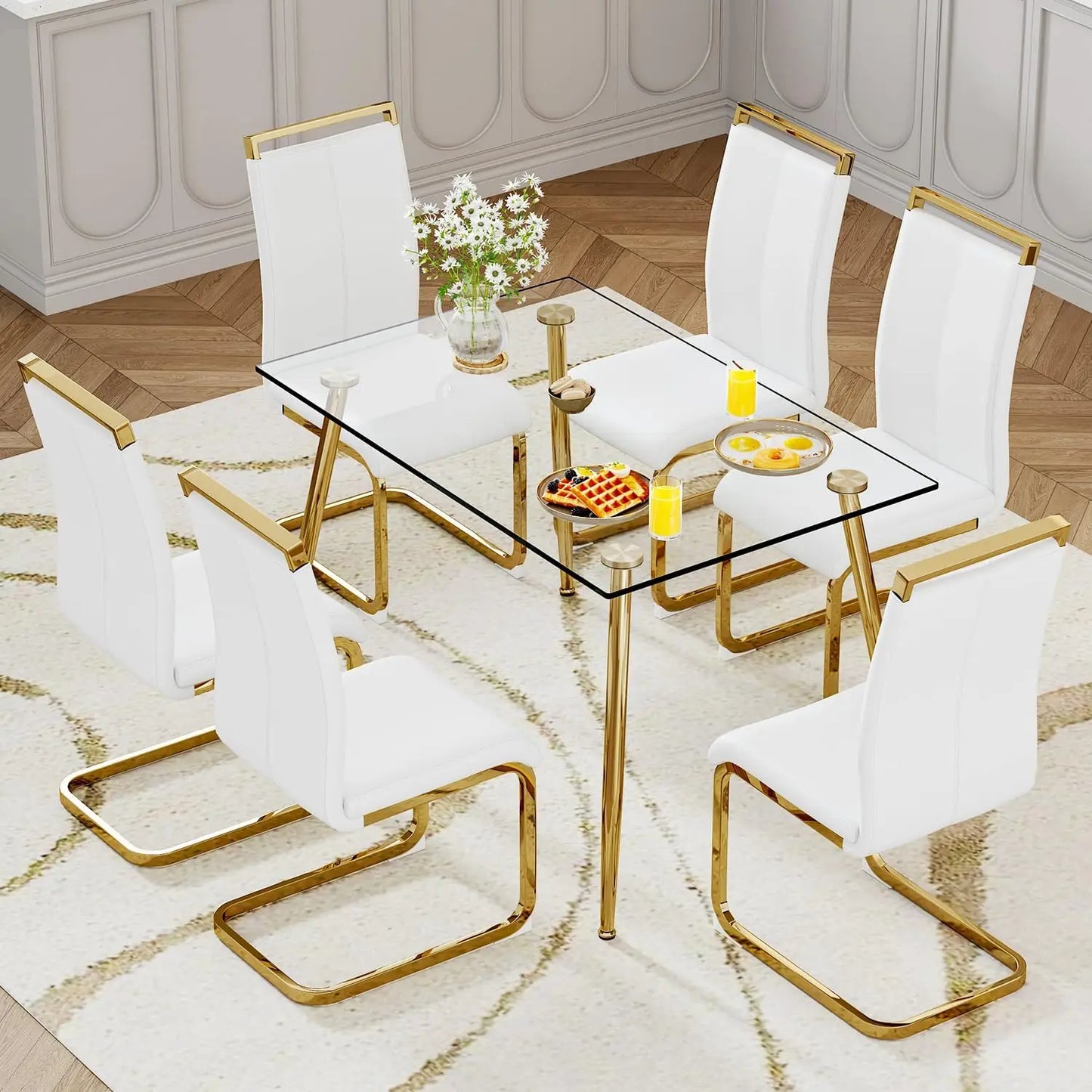Glass Dining Table Set for 4,5 Piece Dining Table and Chairs Set，Modern Kitchen Dining Room Table with 4 Black PU Leather