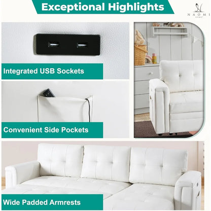 Sofa Beds, with USB Ports-L-Shaped Couch Convertible Pull-Out Bed,Timeless Design,Sturdy Construction, Air Leather Sofas