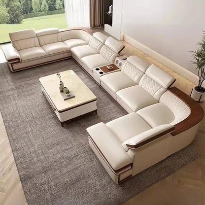 MINGDIBAO Premium Italian Genuine Leather Sofa Set for Living Room with Adjustable Headrests, Bluetooth Speaker, Wireless Charge