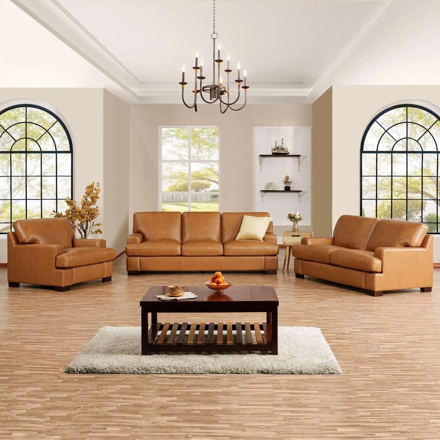 Genuine Leather Sofa - Set of 3 Luxurious Comfort, Goose Feather Cushion Filling, Square Arm Design, Sturdy Block Legs