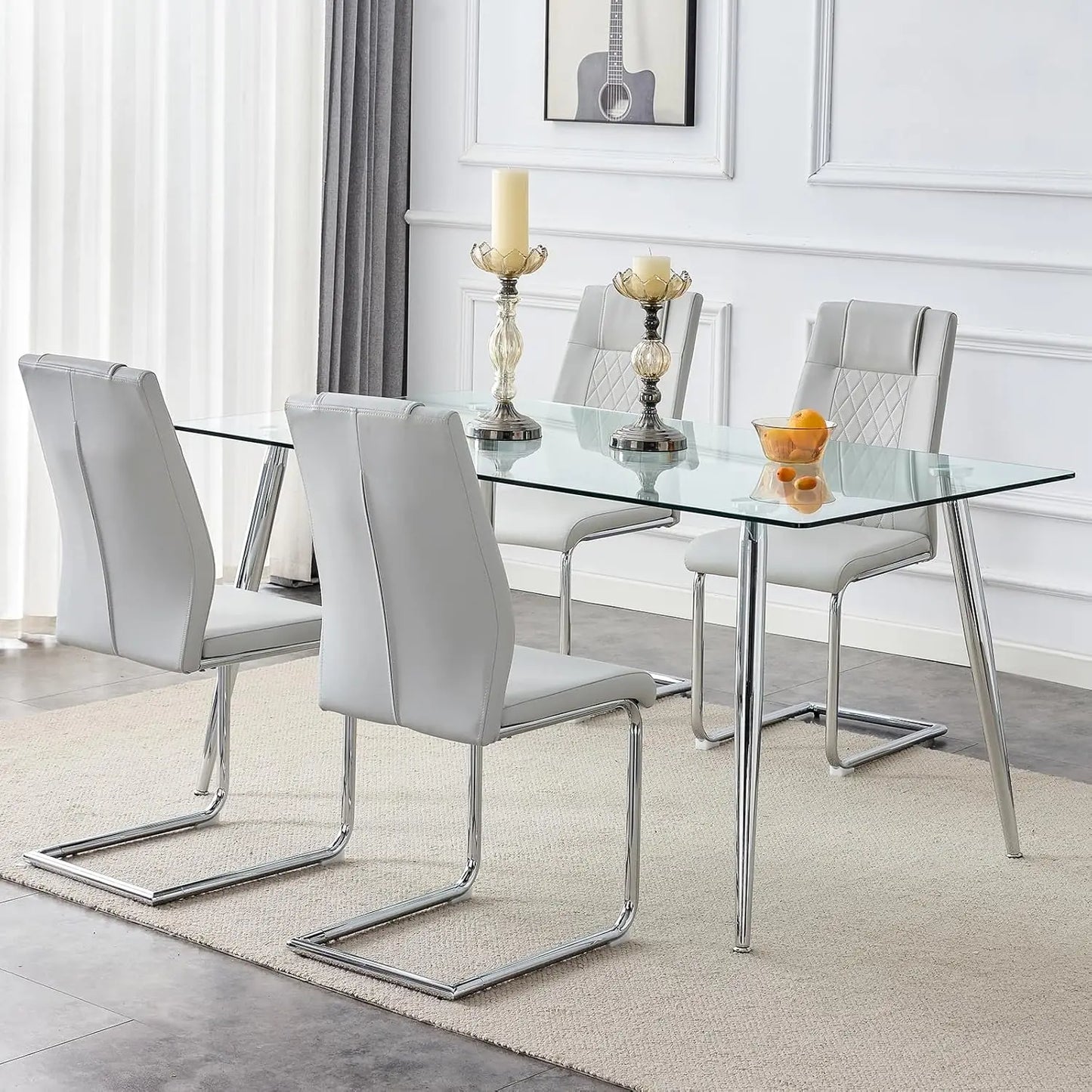 Glass Dining Table Set for 4,5 Piece Dining Table and Chairs Set，Modern Kitchen Dining Room Table with 4 Black PU Leather
