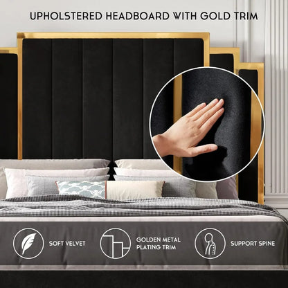 bedstead King Size and 65" Headboard, Upholstered Bed with Golden Plating Trim, Platform Bed No Box Spring Needed,bedstead