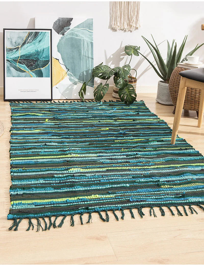 Cotton Tassel Carpet Rug Handmade Bedroom Rug Bedside Floor Mat Entrance Doormat Stripe Kitchen Mat Machine Washable Bath Rug